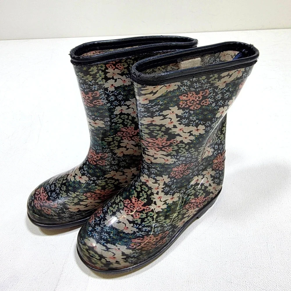 Carter's Rain Boots Girl 12 Black Floral Waterproof Rubber Puddle Jumper Shoes